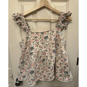 &Merci Large Blouse Top‎ Floral Ruffle Babydoll Tank Tie Bow Back 100% Cotton